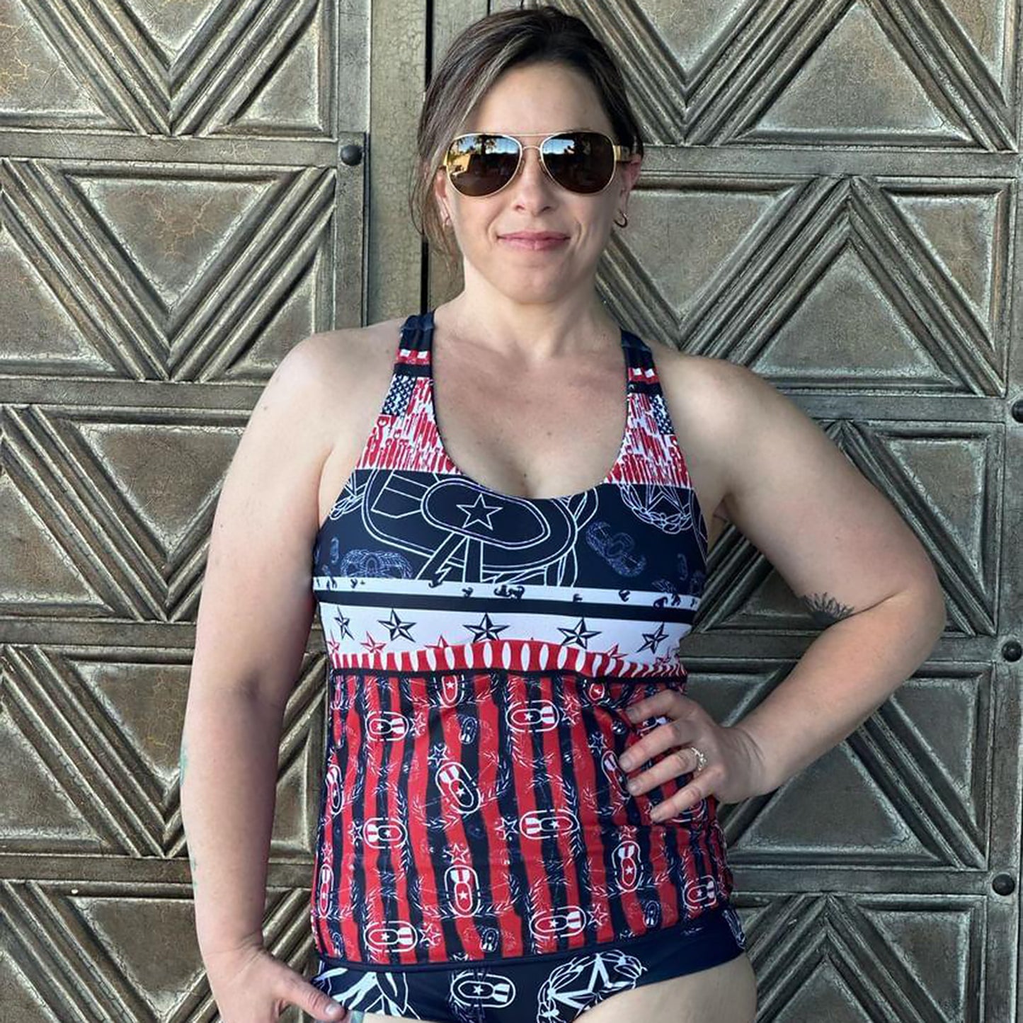 EOD Stars and Stripes Reversible Two Piece Tankini Swimsuit (Red, White, and Blue)
