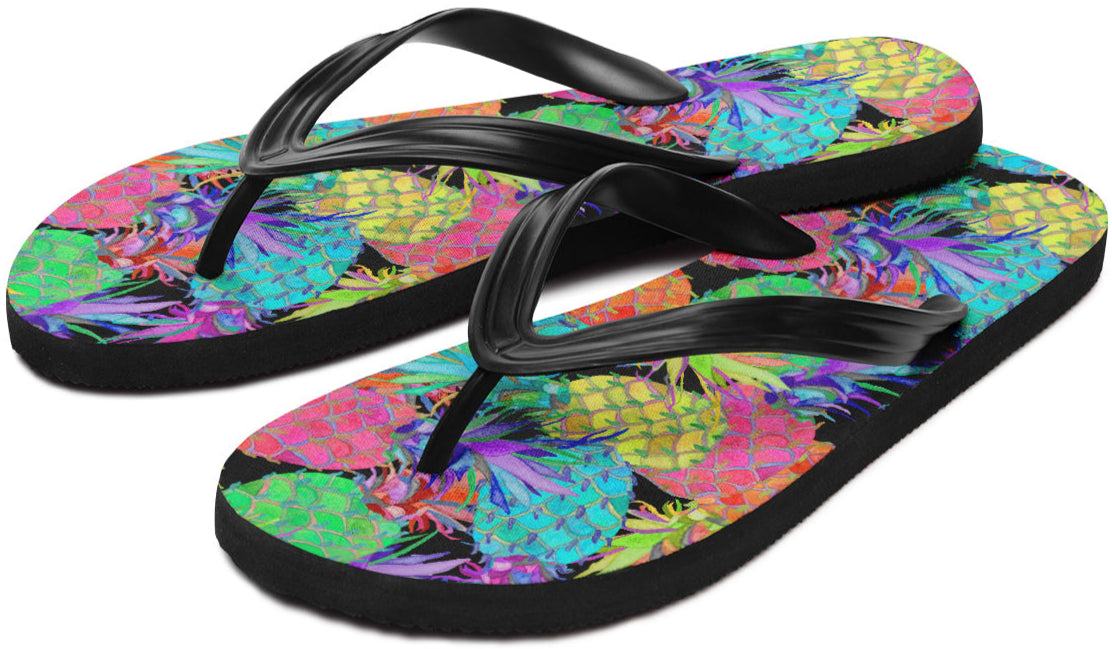 Colorful flip-flops with a pineapple pattern on a white background
