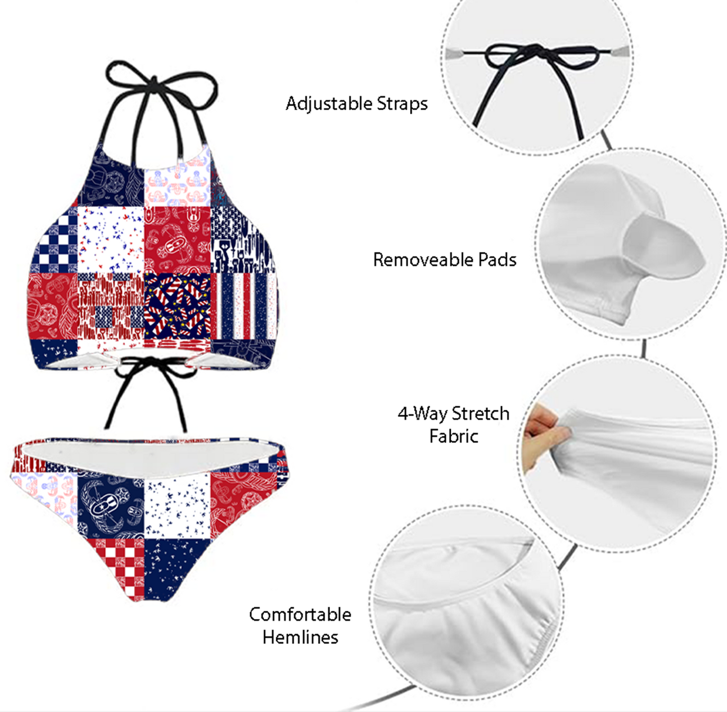 Women's High Neck Bikini - "EOD Patchwork" (Red, White, & Blue)