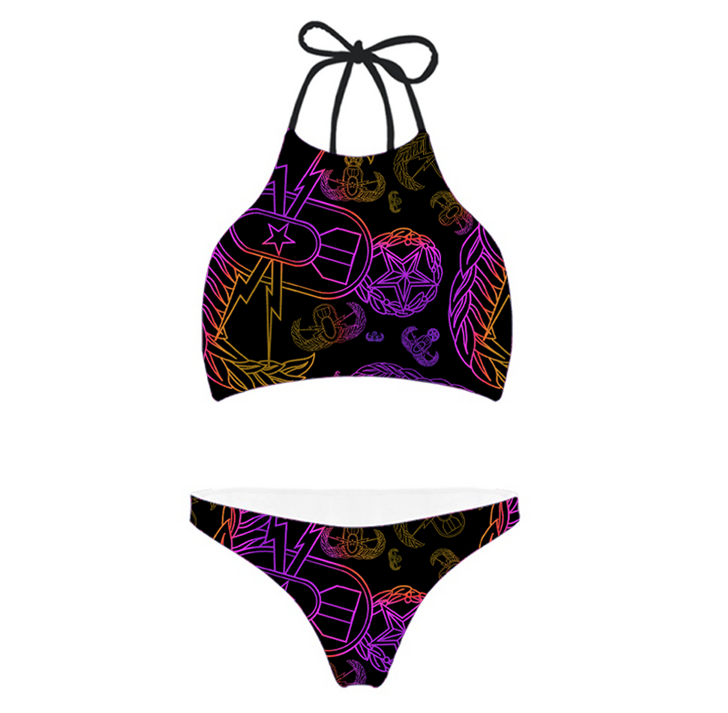 Women's High Neck Bikini - "EOD Mixed Badges" (Purple/Yellow on Black)