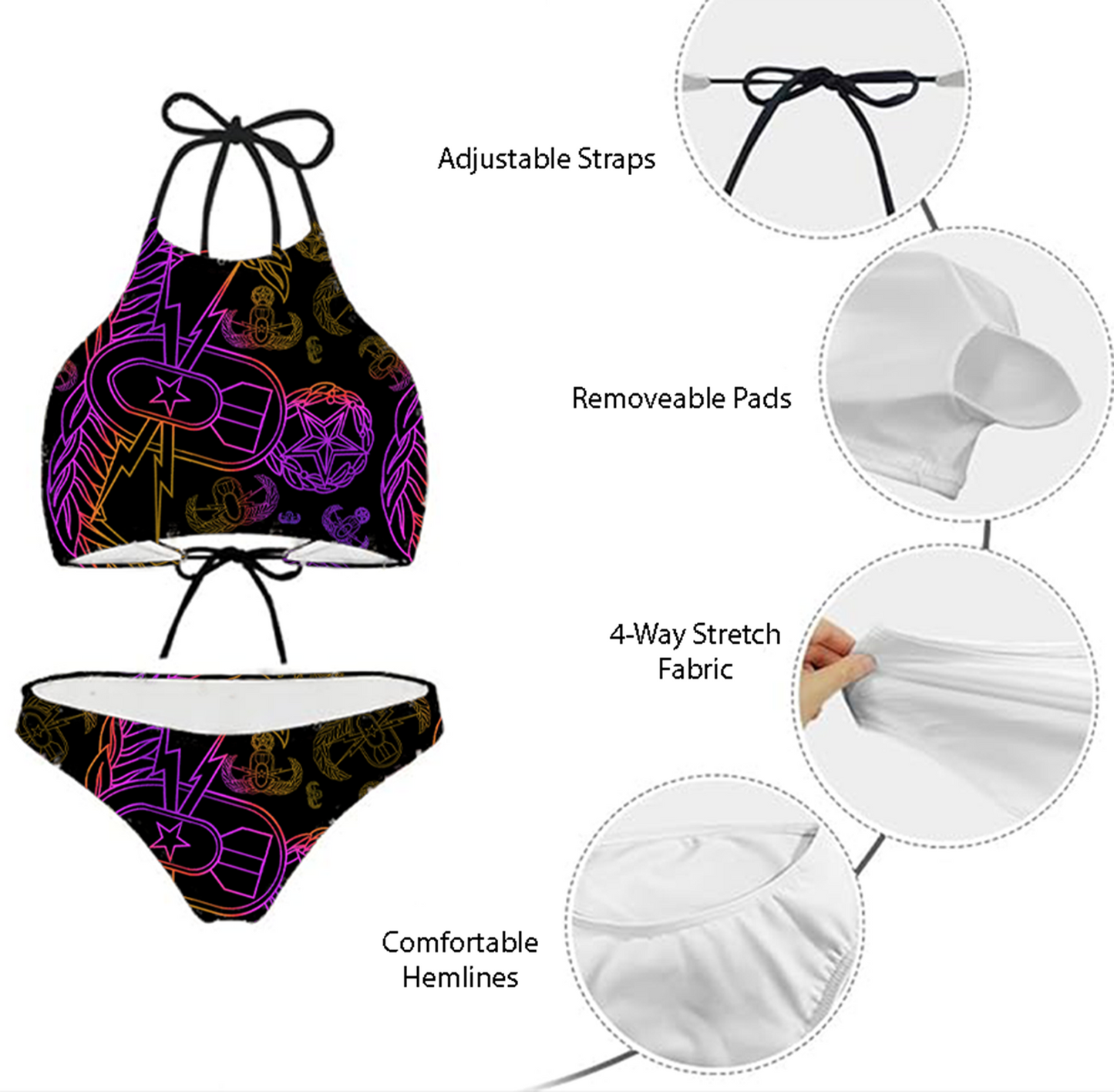 Women's High Neck Bikini - "EOD Mixed Badges" (Purple/Yellow on Black)