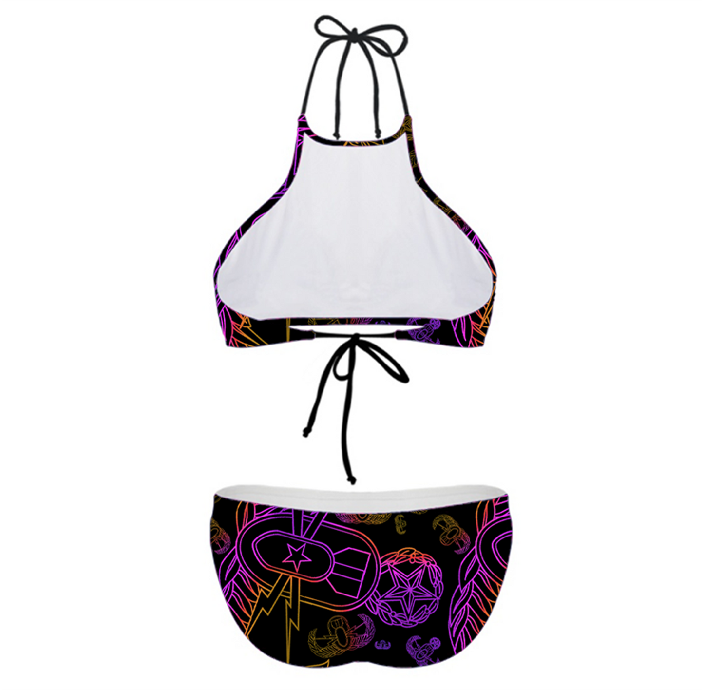 Women's High Neck Bikini - "EOD Mixed Badges" (Purple/Yellow on Black)