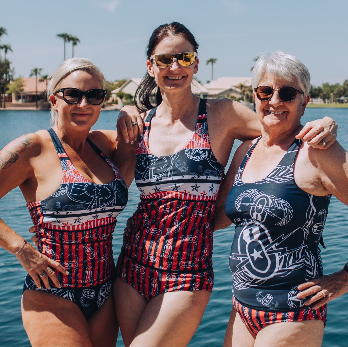 "EOD Stars and Stripes" Reversible Two Piece Tankini Swimsuit (Red, White, and Blue)