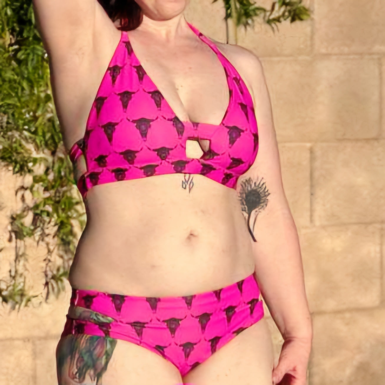 Mandala Bison Skull Two-Piece Bikini Swimsuit (Hot Pink)