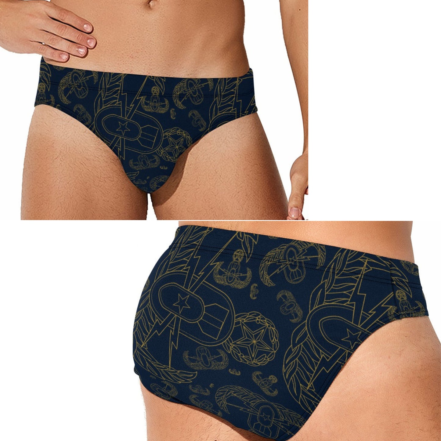 Men's Swim Briefs - "Mixed EOD Badges" (Gold on Navy)
