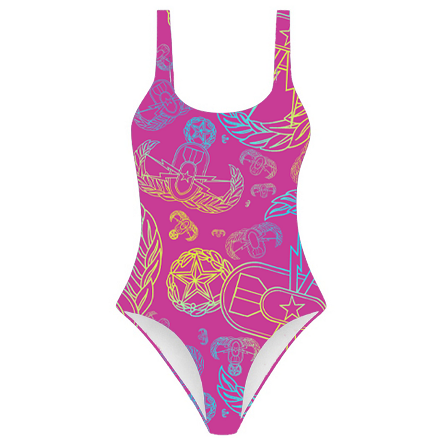 Misses One-Piece Swimsuit - "EOD Mixed Badges" (Multicolor on Pink)