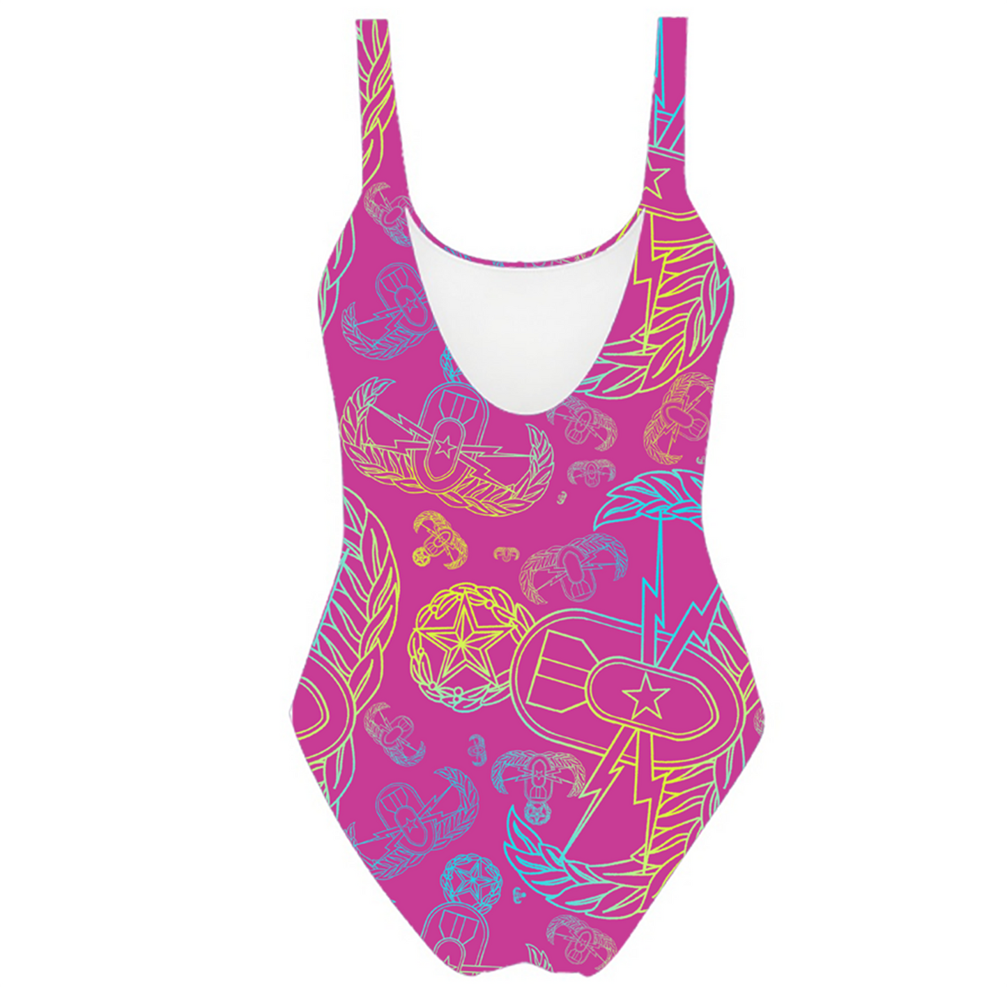 Misses One-Piece Swimsuit - "EOD Mixed Badges" (Multicolor on Pink)