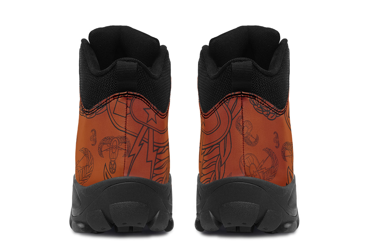Print On Demand - Outdoor Boots - "EOD Mixed Badges" (Black on Orange)