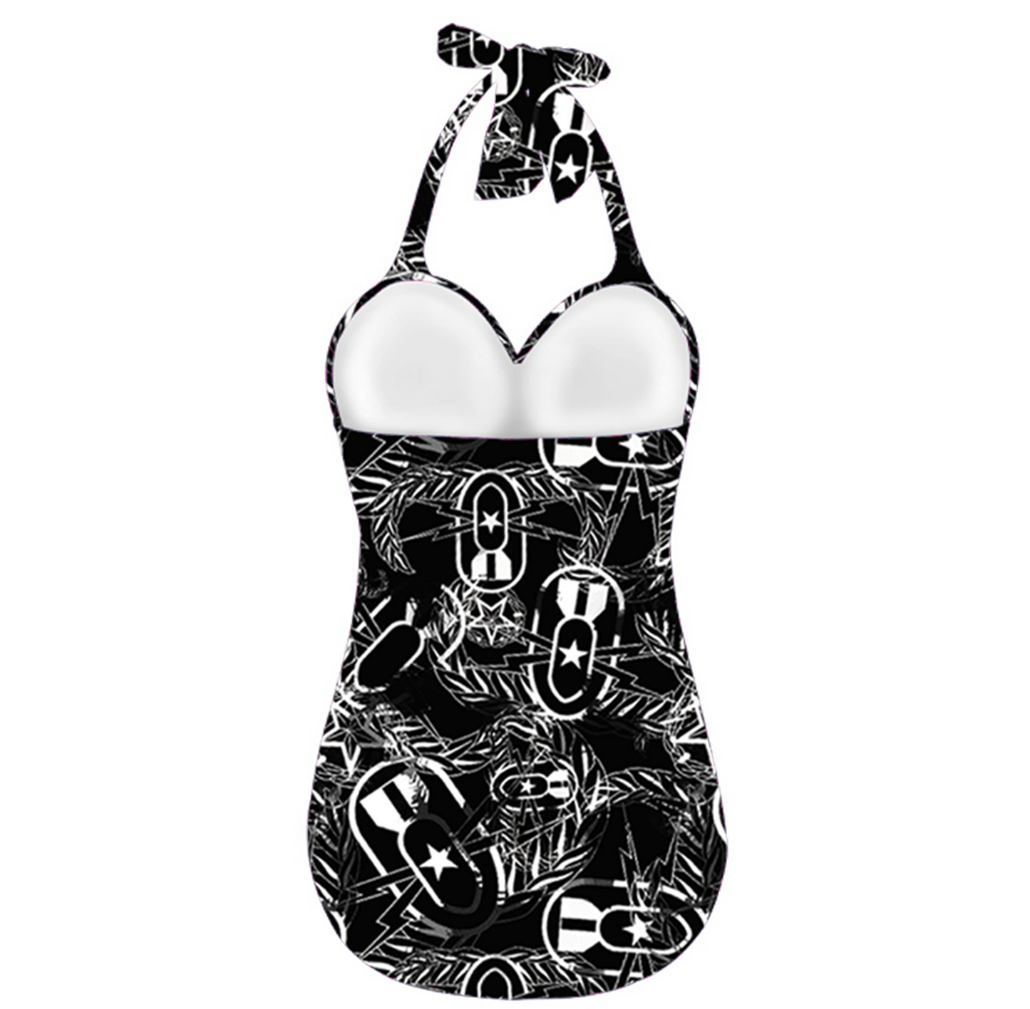 Women's Retro Halter One-Piece - "It's 5 o'clock Somewhere" (White on Black)