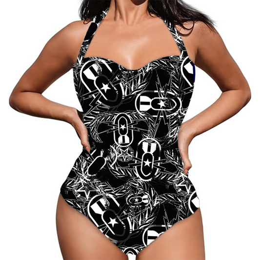 Women's Retro Halter One-Piece - "It's 5 o'clock Somewhere" (White on Black)