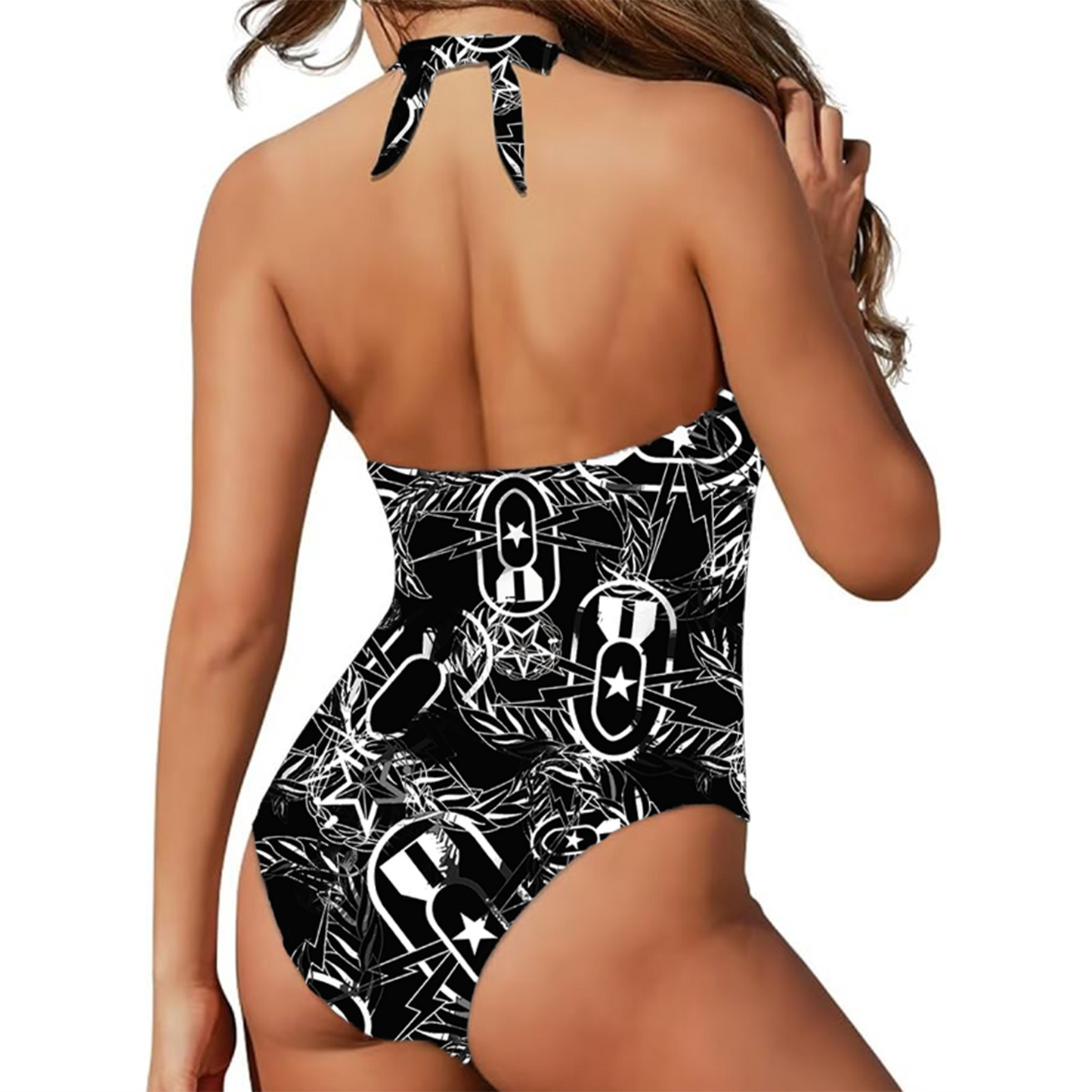 Women's Retro Halter One-Piece - "It's 5 o'clock Somewhere" (White on Black)