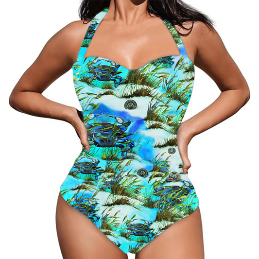 Women's Retro Halter One-Piece - "Crab Island Treasure"