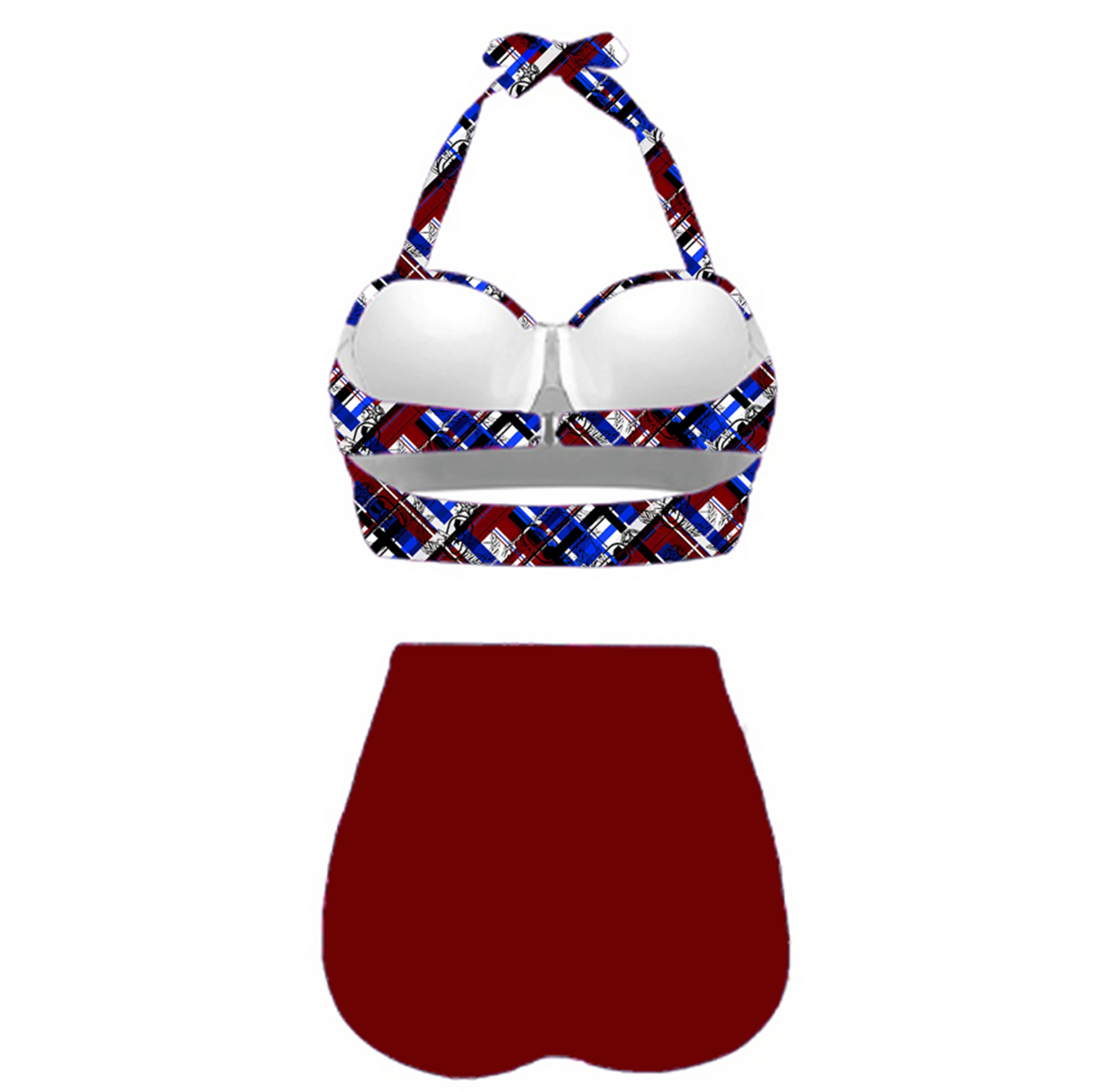 Women's Retro Halter Two-Piece - "EOD Diagonal Plaid" (Red, White, & Blue)