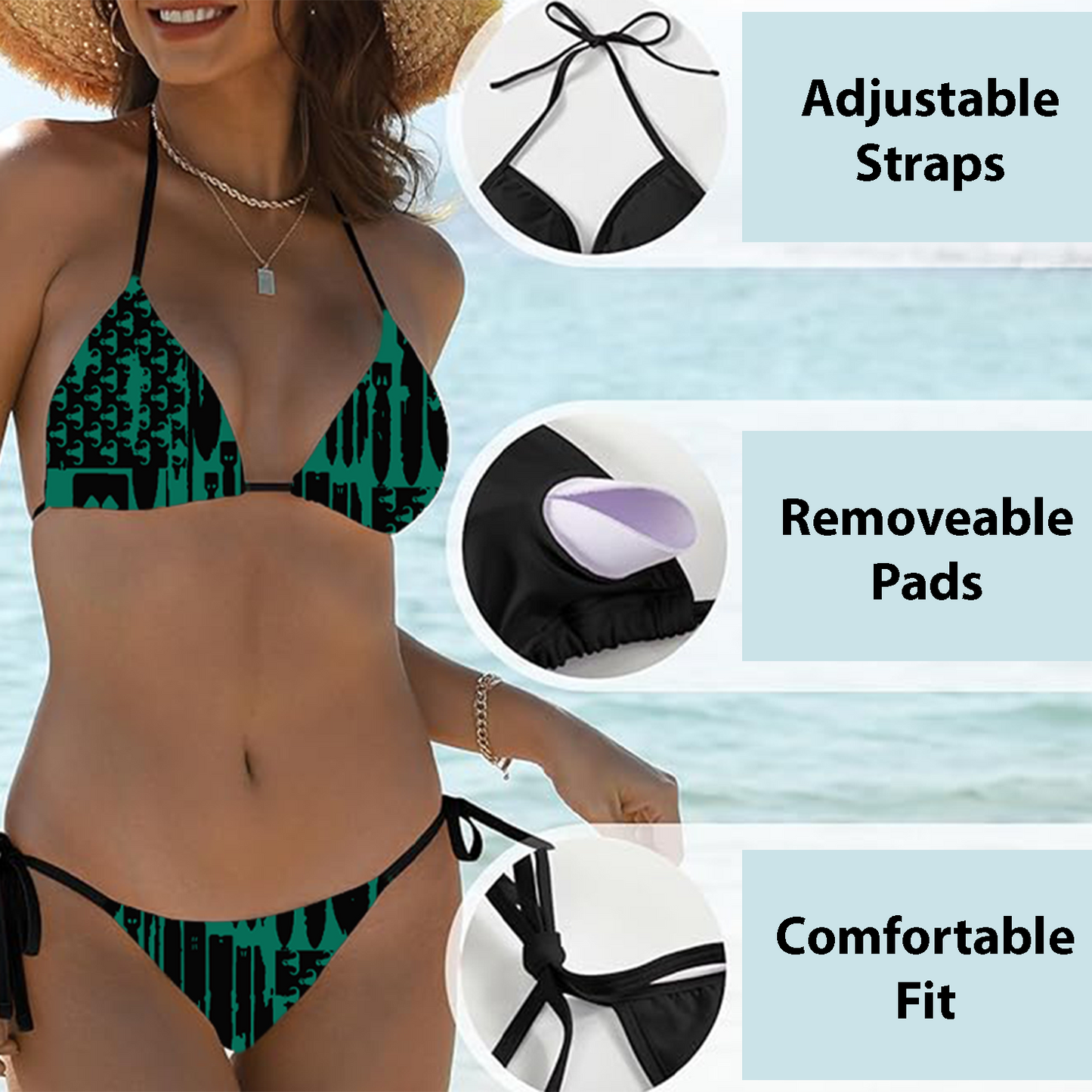 Women's String Bikini Style 2 - "EOD Bomb Flag" (Black on Green)