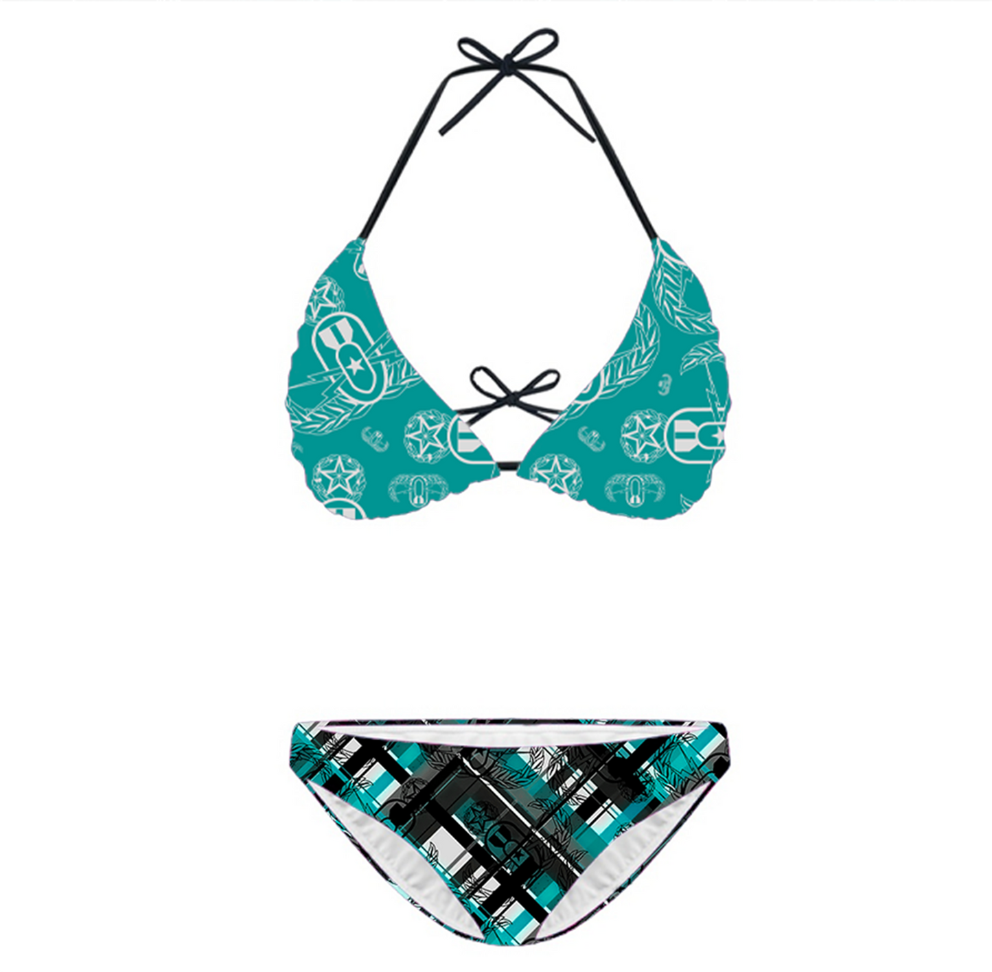 Women's String Bikini Style 3 - "EOD Diagonal Plaid" (Grey on Teal)