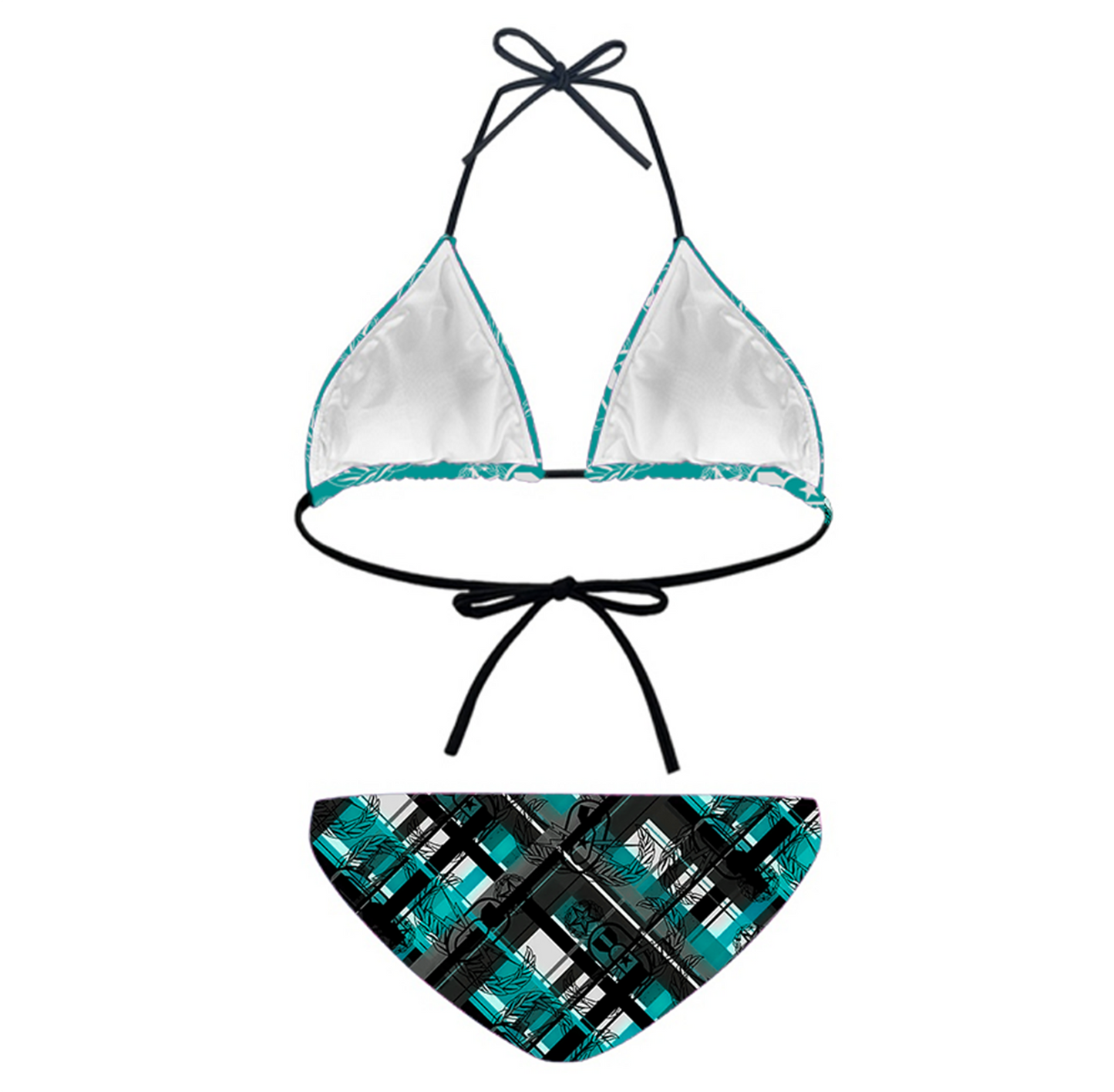 Women's String Bikini Style 3 - "EOD Diagonal Plaid" (Grey on Teal)