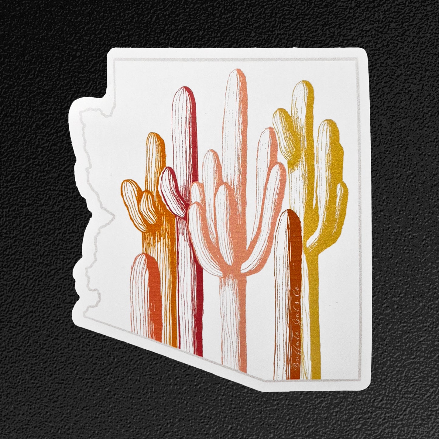 Arizona-shaped card with cactus illustrations on a black background