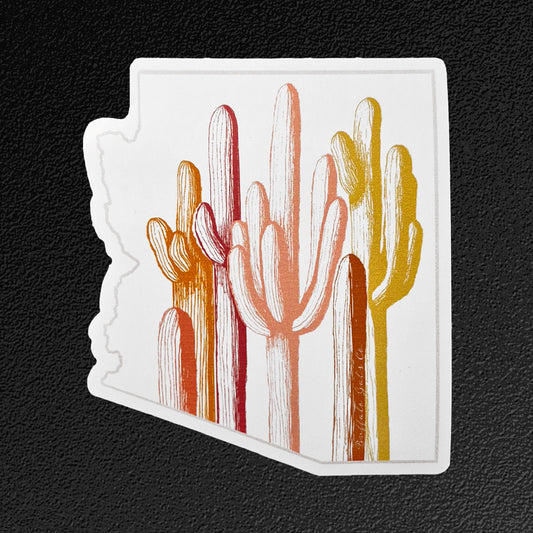 Arizona-shaped card with cactus illustrations on a black background