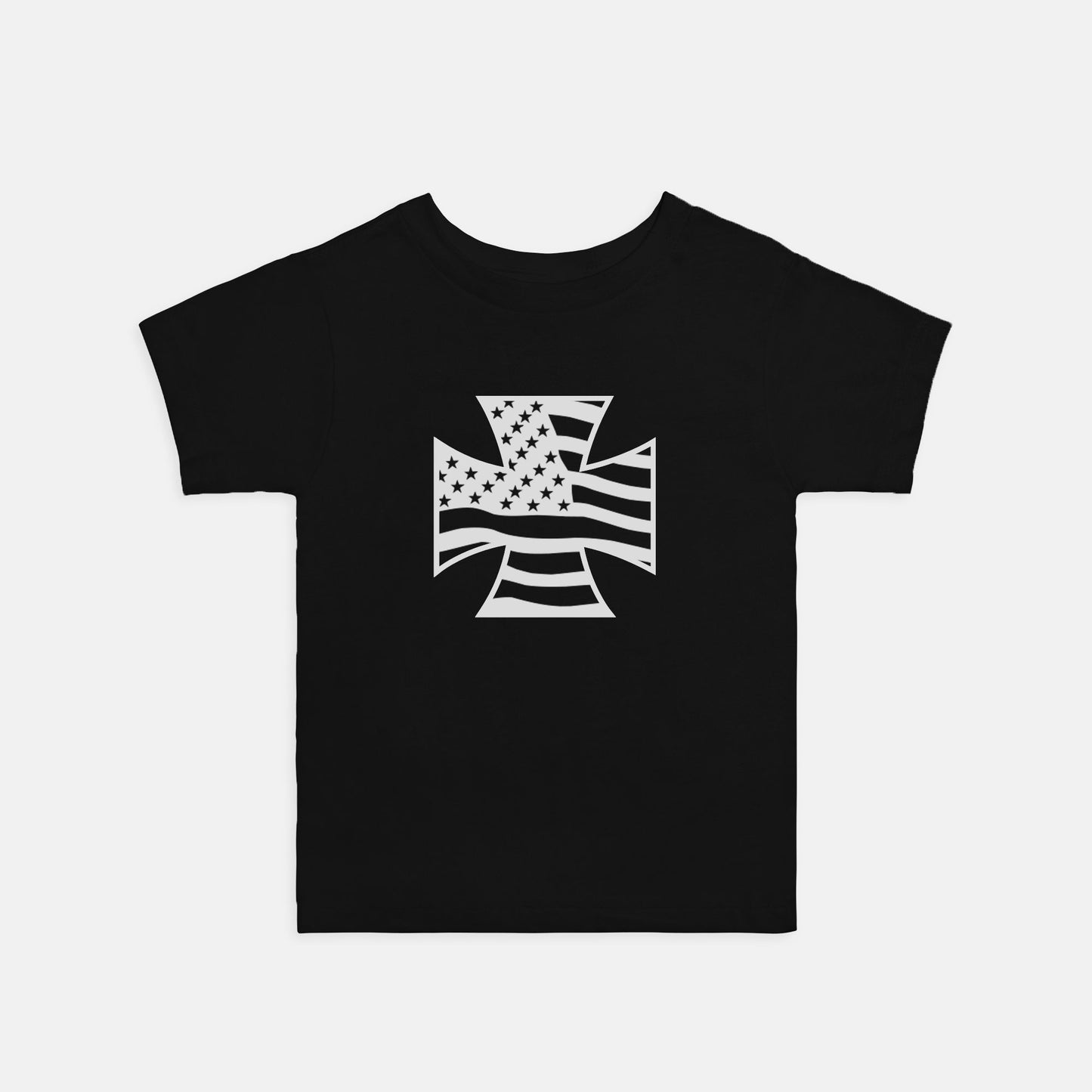 Toddler T-shirt - "American Flag Iron Cross" (White on Black)