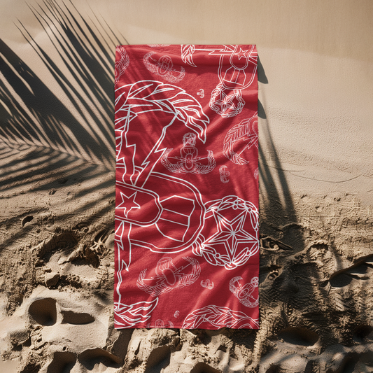 Beach Towel - "EOD Mixed Badges" White on Red