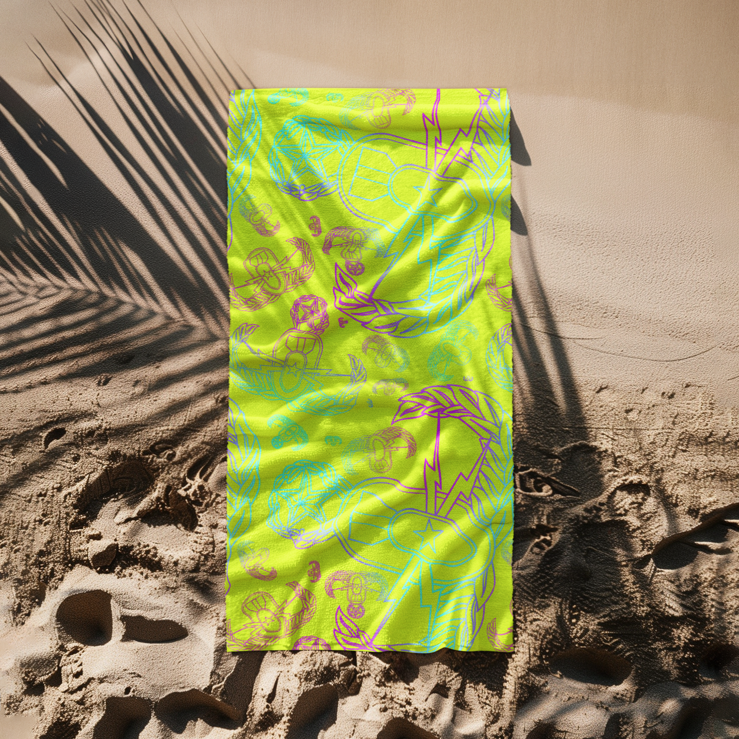 Beach Towel - "EOD Mixed Badges" Multicolor on Yellow