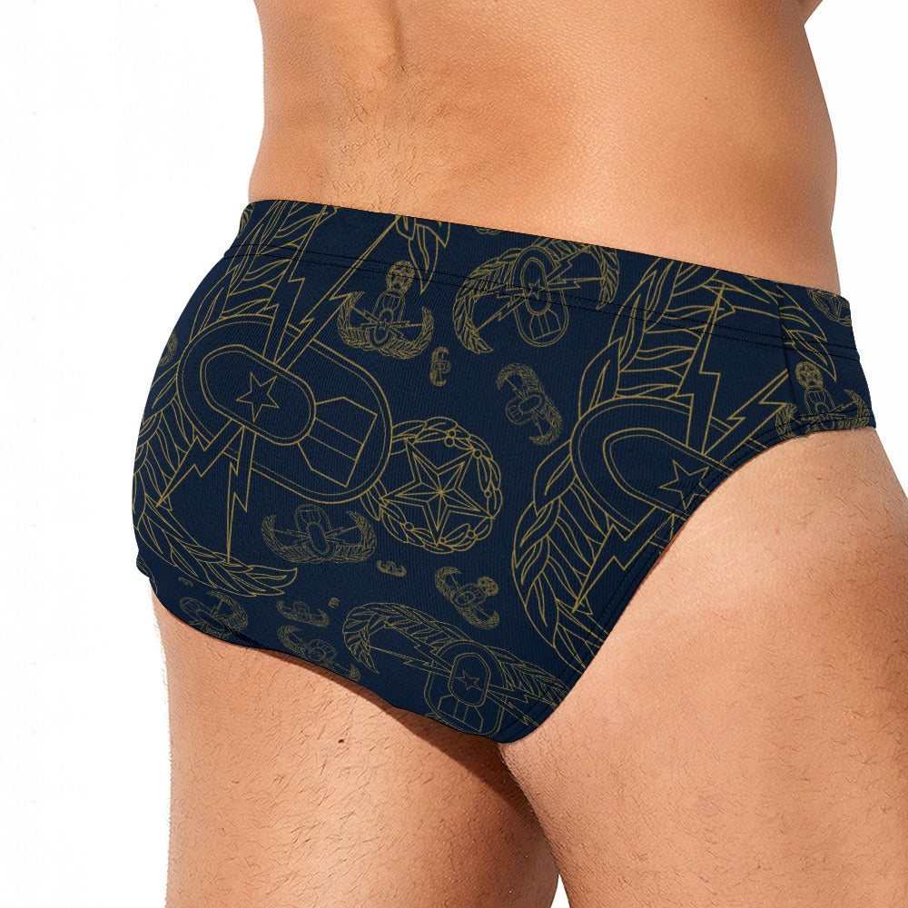 Men's Swim Briefs - "Mixed EOD Badges" (Gold on Navy)