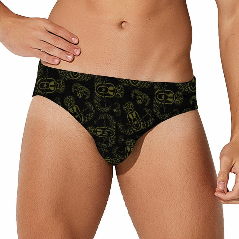 Men's Swim Briefs - "EOD Badges X 3" (Olive on Black)