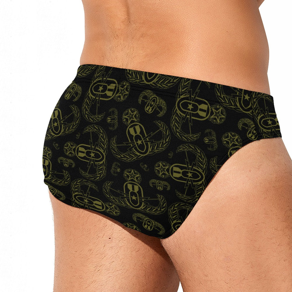 Men's Swim Briefs - "EOD Badges X 3" (Olive on Black)