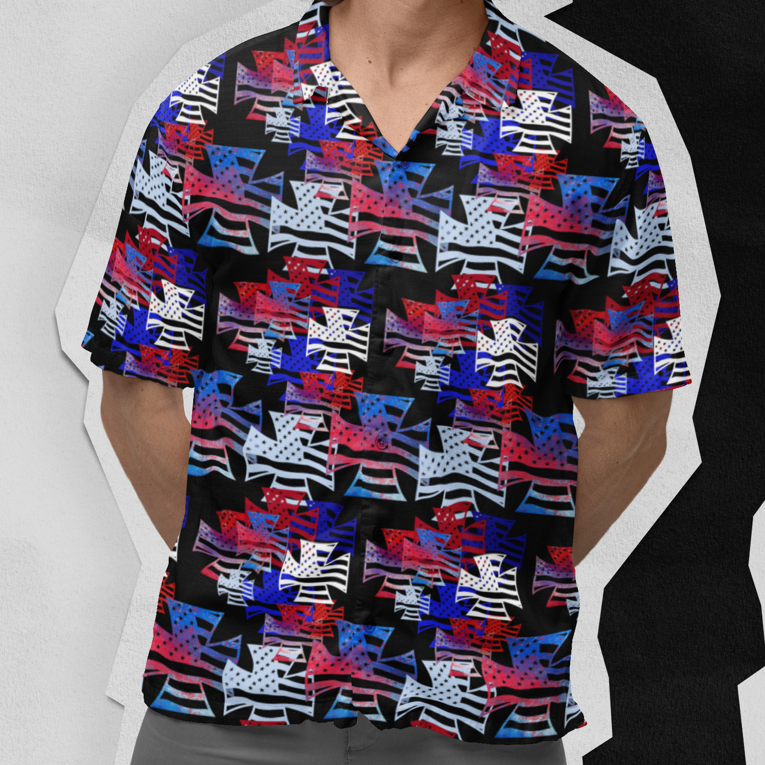 Man wearing a colorful patterned shirt and sunglasses against a white background