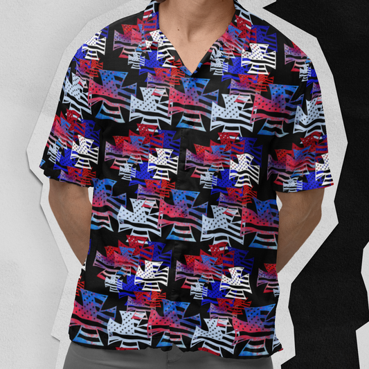 Man wearing a colorful patterned shirt and sunglasses against a white background