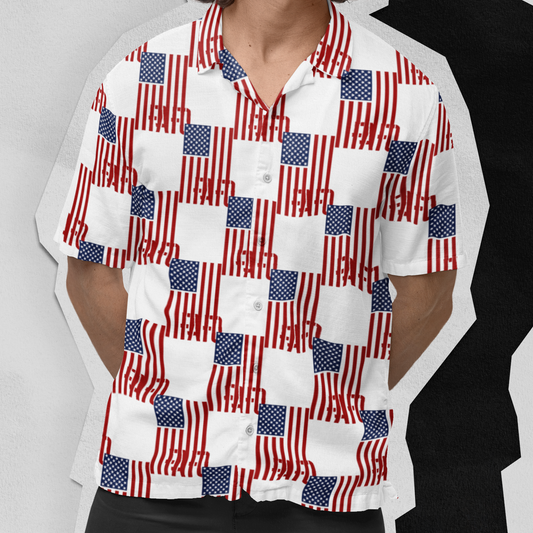 Man wearing a patterned shirt with American flag design against a white background