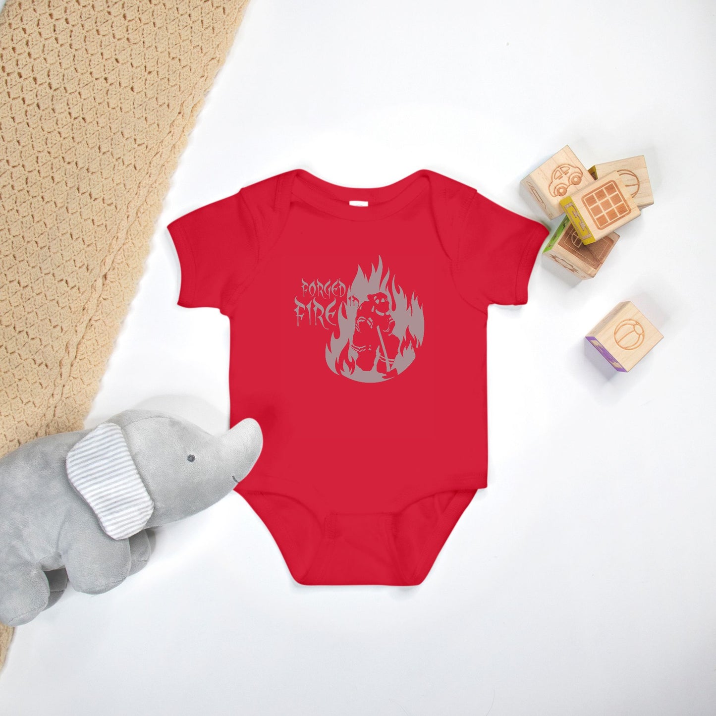 Onesie - "Forged in Fire" (Grey on Red)