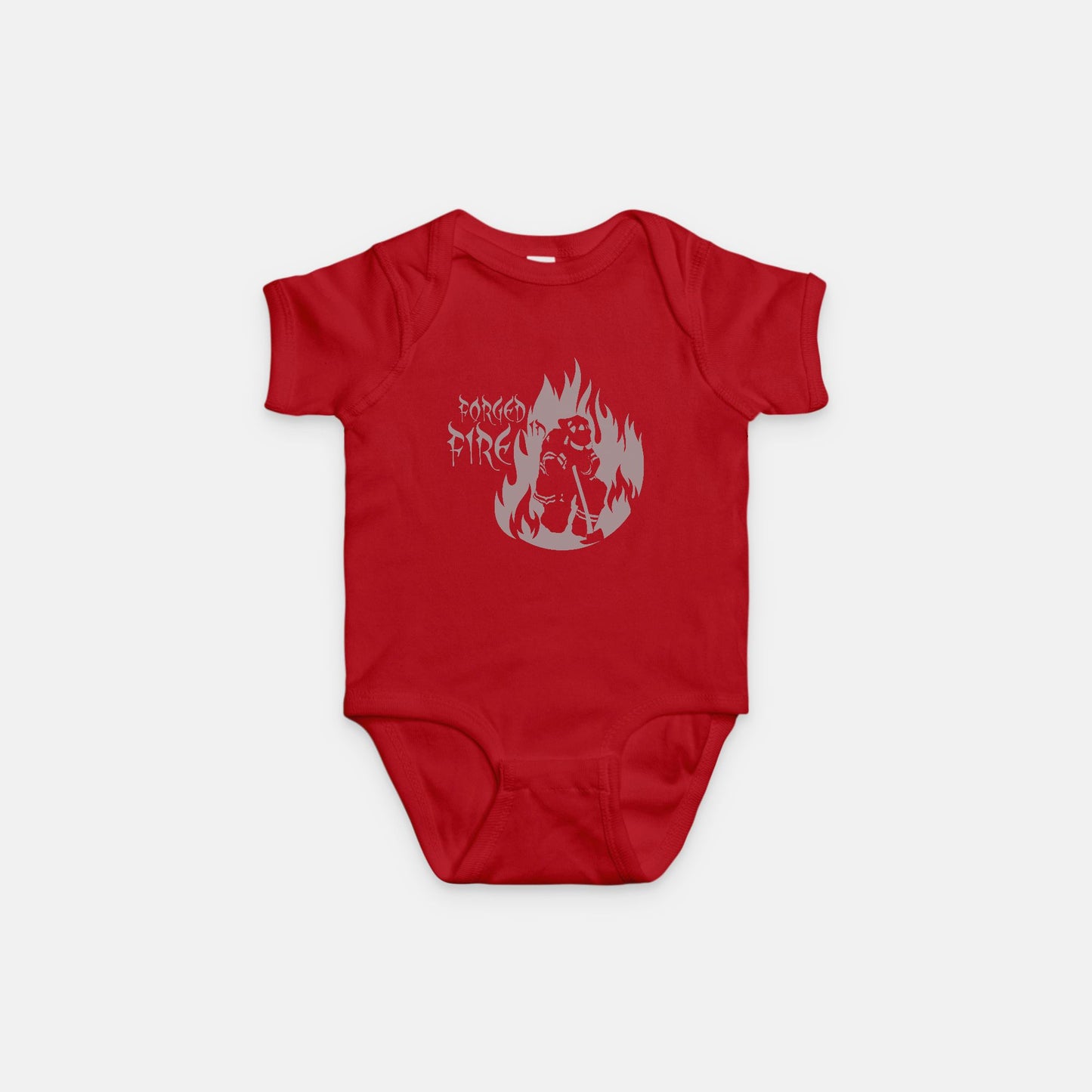 Onesie - "Forged in Fire" (Grey on Red)