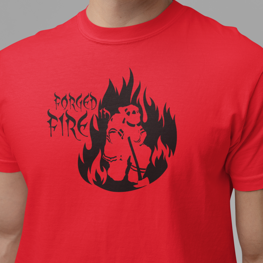 Comfort T-shirt - "Forged in Fire" (Black on Red)