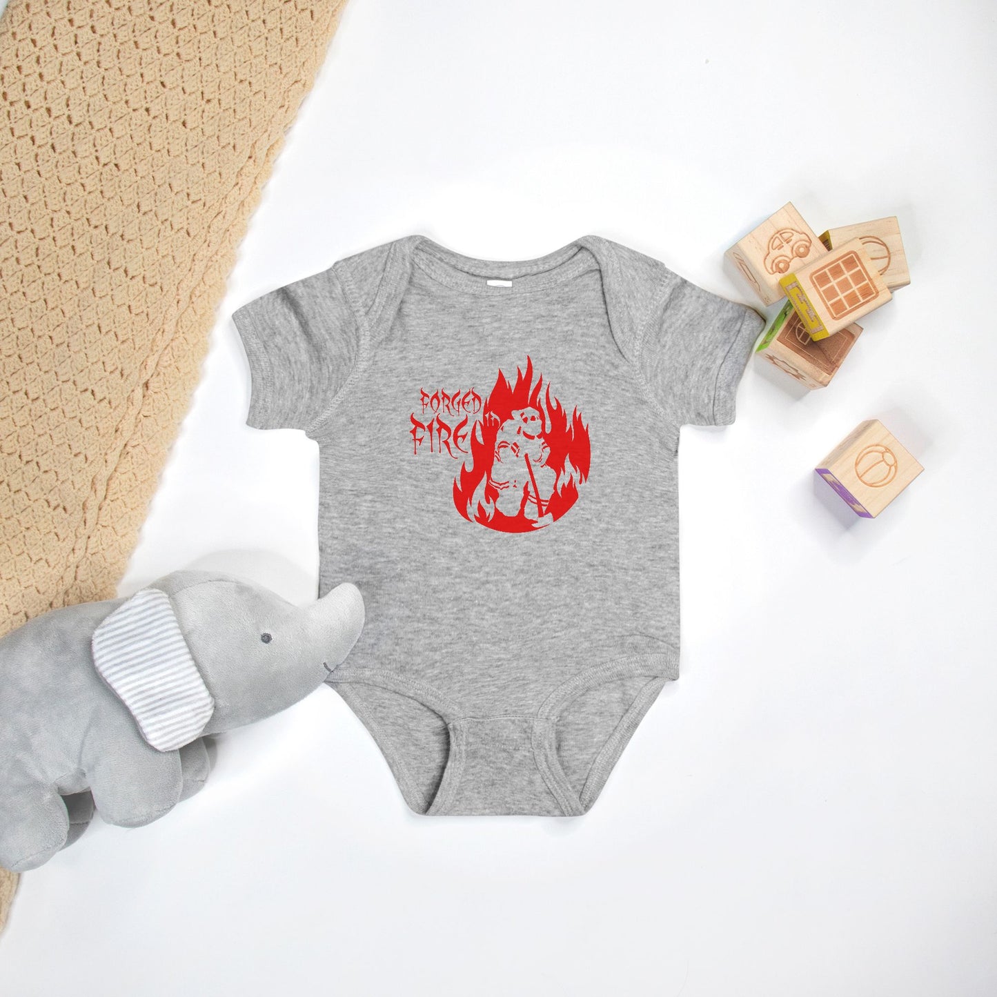 Onesie - "Forged in Fire" (Red on Grey)