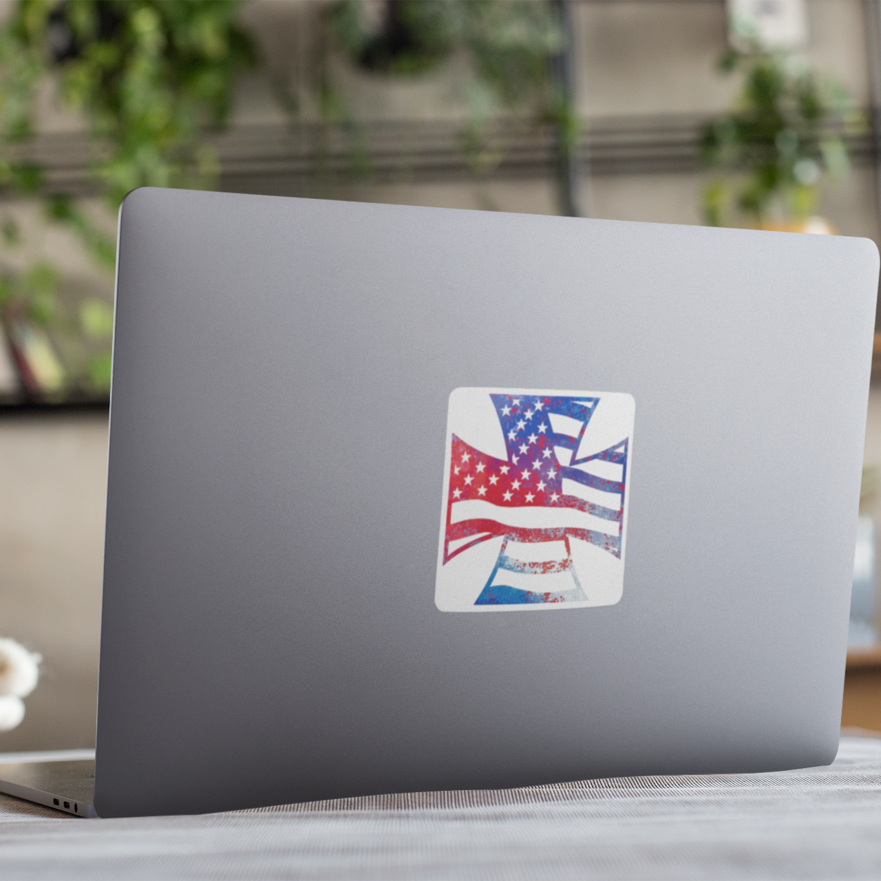 Vinyl Sticker/Decal - "American Flag Iron Cross Graffiti" (RWB)