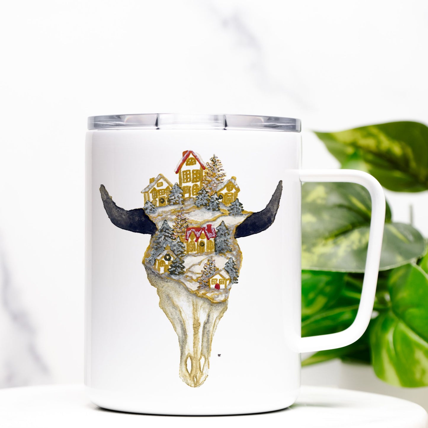 Travel Mug - "Christmas Village Skull"