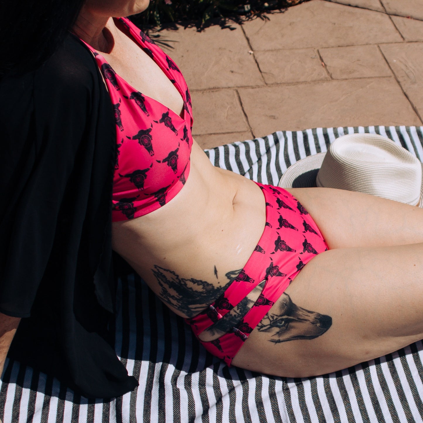 "Mandala Bison Skull" Two-Piece Bikini Swimsuit (Hot Pink)