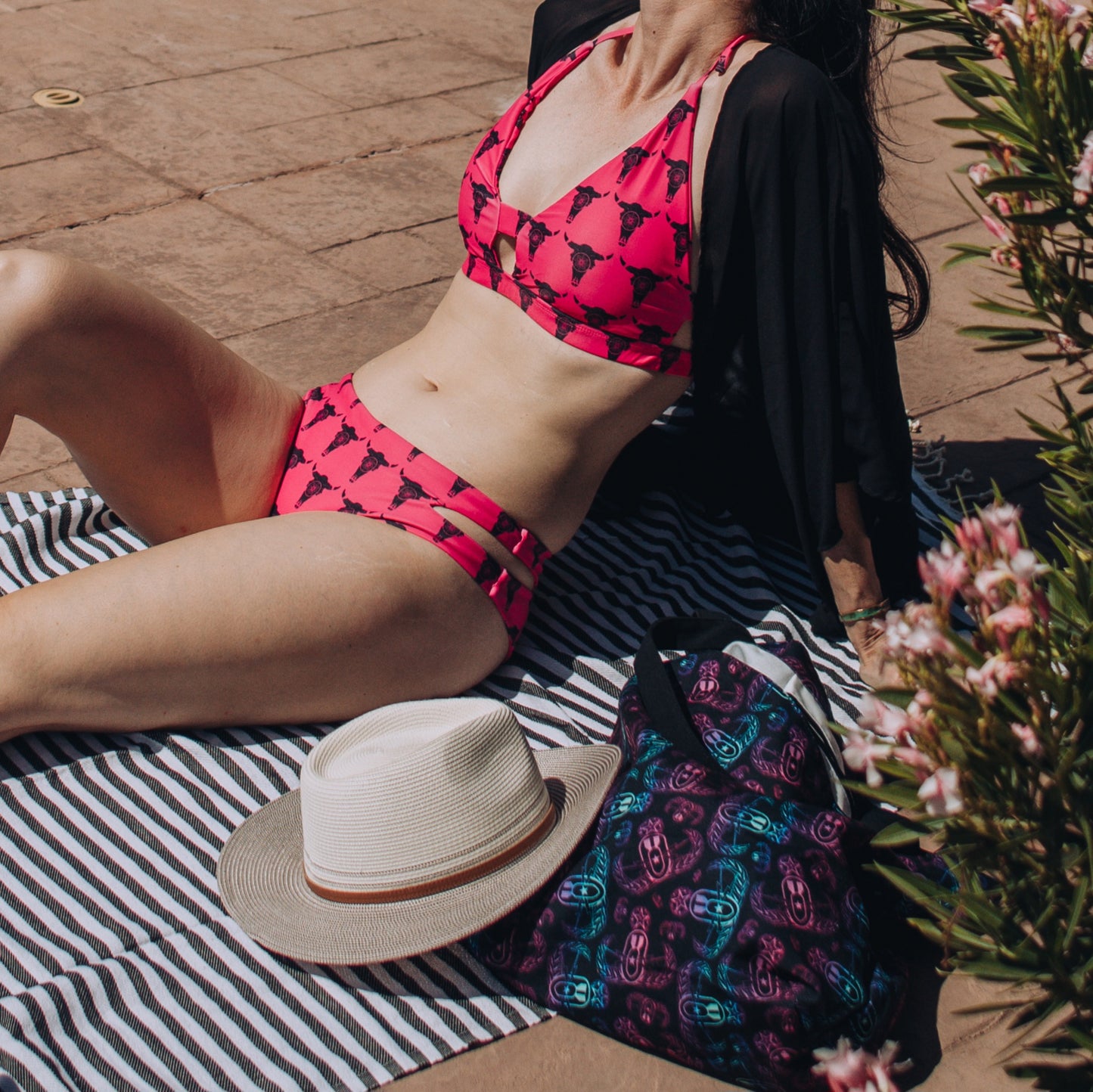 "Mandala Bison Skull" Two-Piece Bikini Swimsuit (Hot Pink)