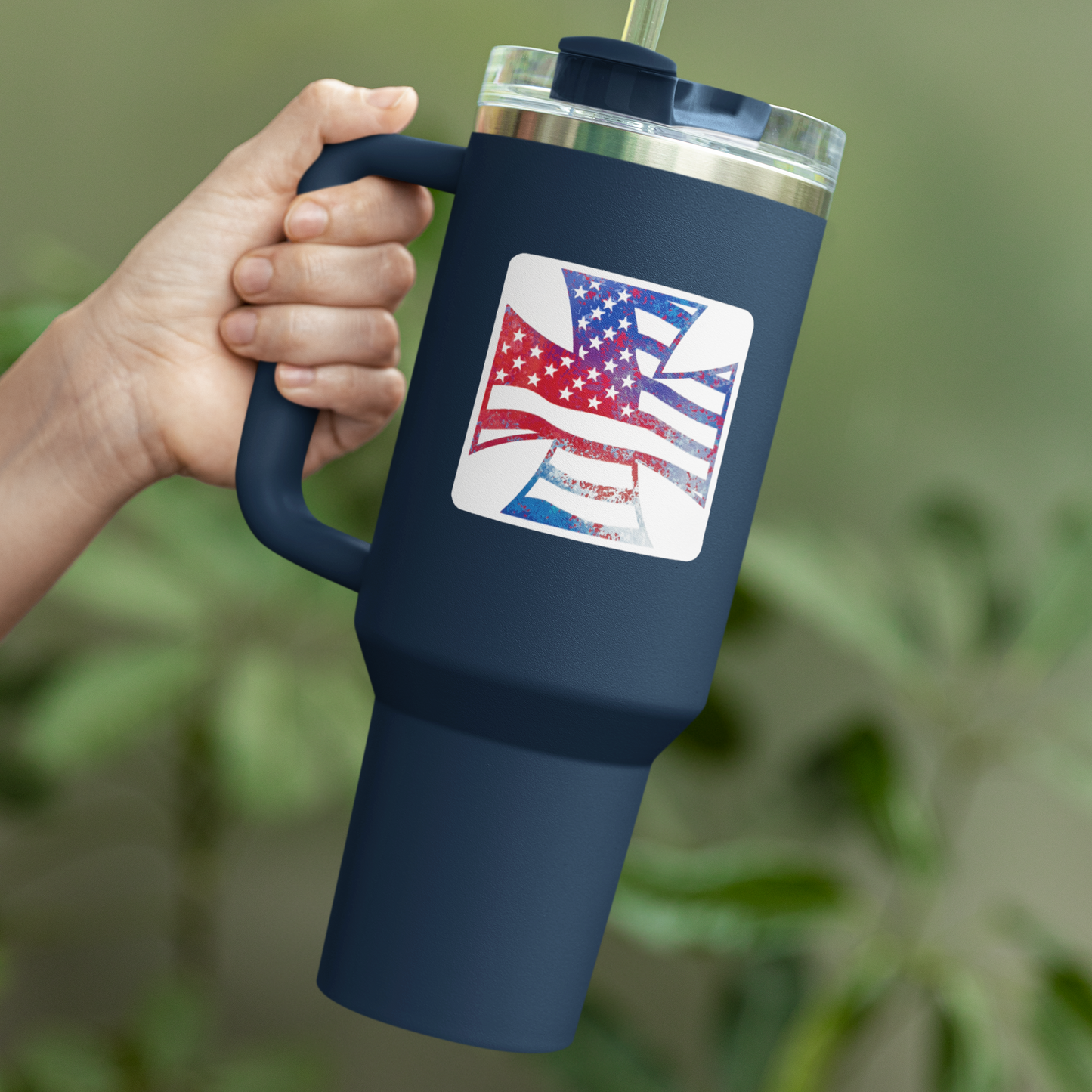 Vinyl Sticker/Decal - "American Flag Iron Cross Graffiti" (RWB)