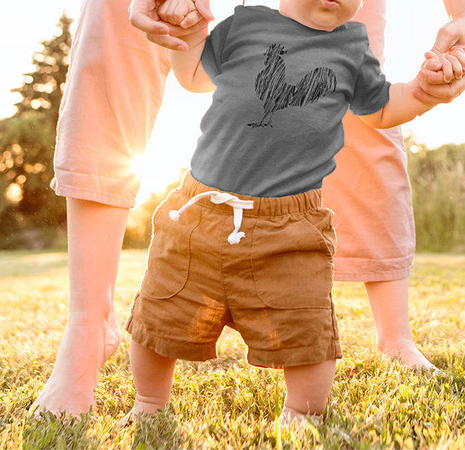 Wood Grain Rooster On Grey Onesie