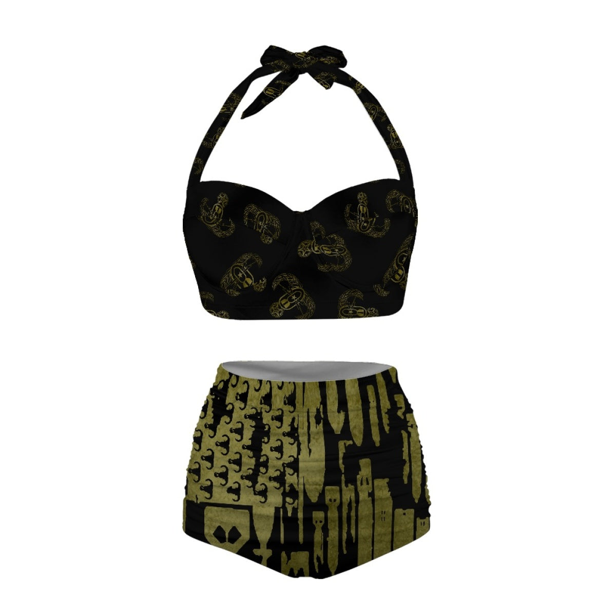 Women's Retro Halter Two-Piece - "EOD Badges & Flags" (OD Green & Black)