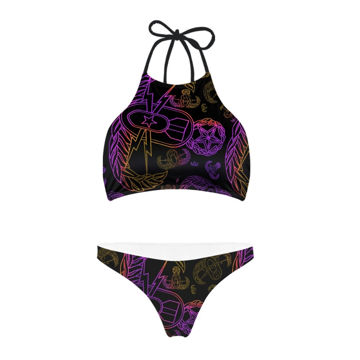 Women's High Neck Bikini - "EOD Mixed Badges" (Purple/Yellow on Black)