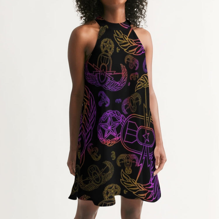 Dress (High Neck) - "EOD Mixed Badges" (Purple/Yellow on Black)