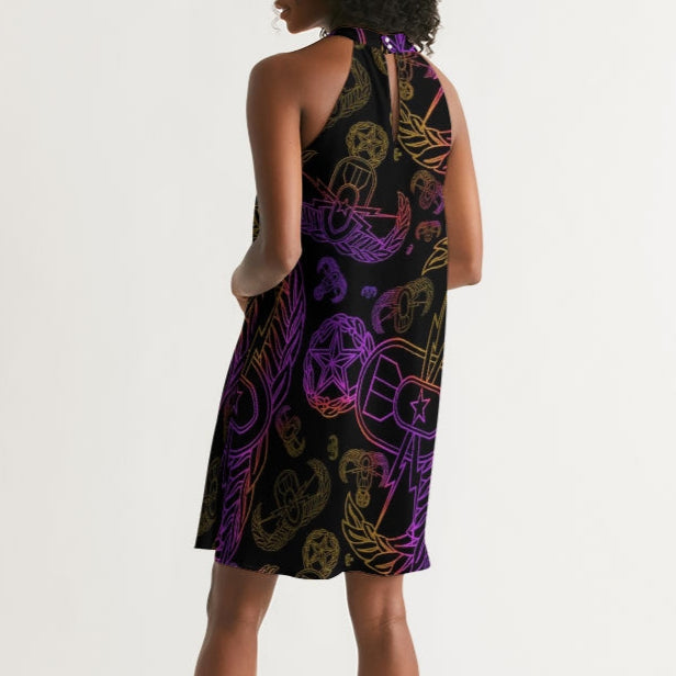 Dress (High Neck) - "EOD Mixed Badges" (Purple/Yellow on Black)