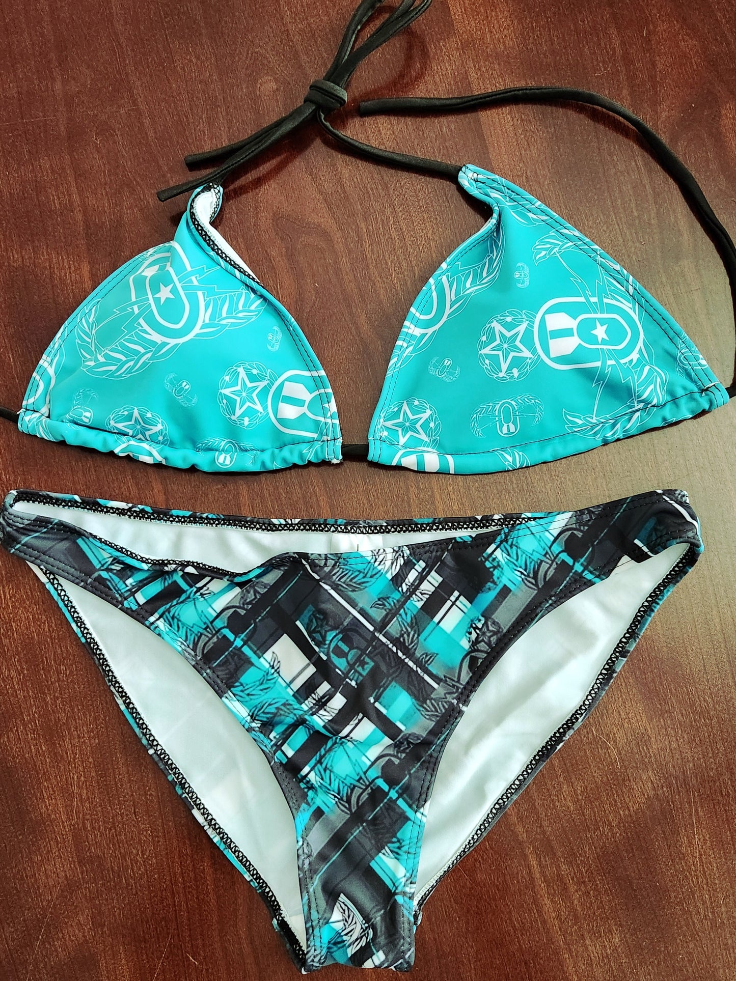 Women's String Bikini Style 3 - "EOD Diagonal Plaid" (Grey on Teal)