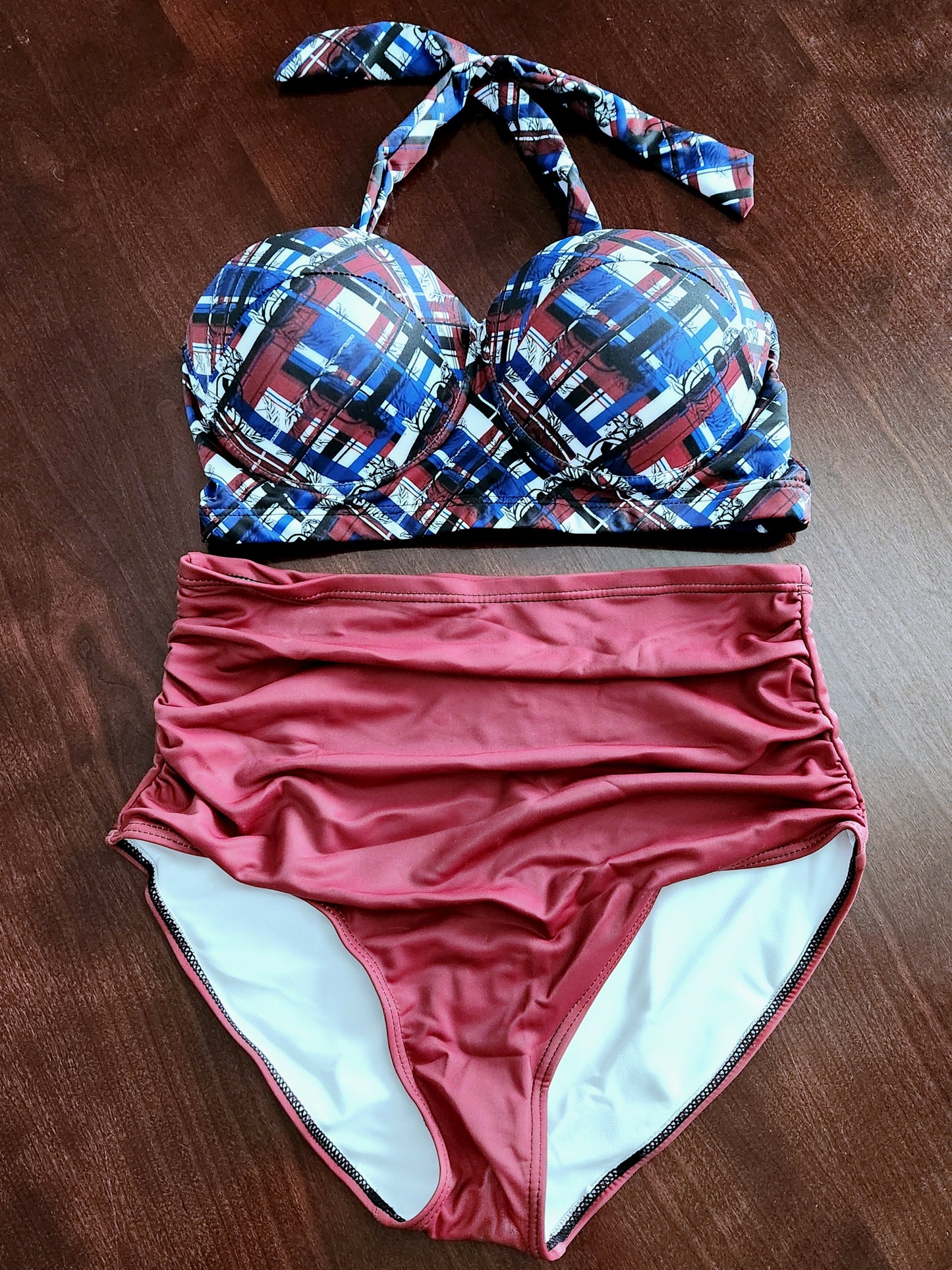 Women's Retro Halter Two-Piece - "EOD Diagonal Plaid" (Red, White, & Blue)