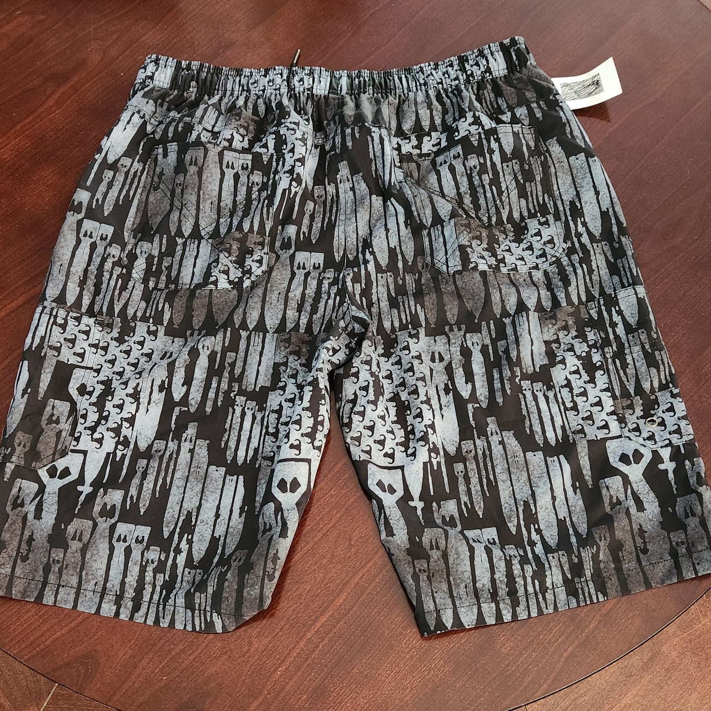 Men's Board Shorts (SAMPLE) - "EOD Bomb Flag" (Grey on Black) Big pattern