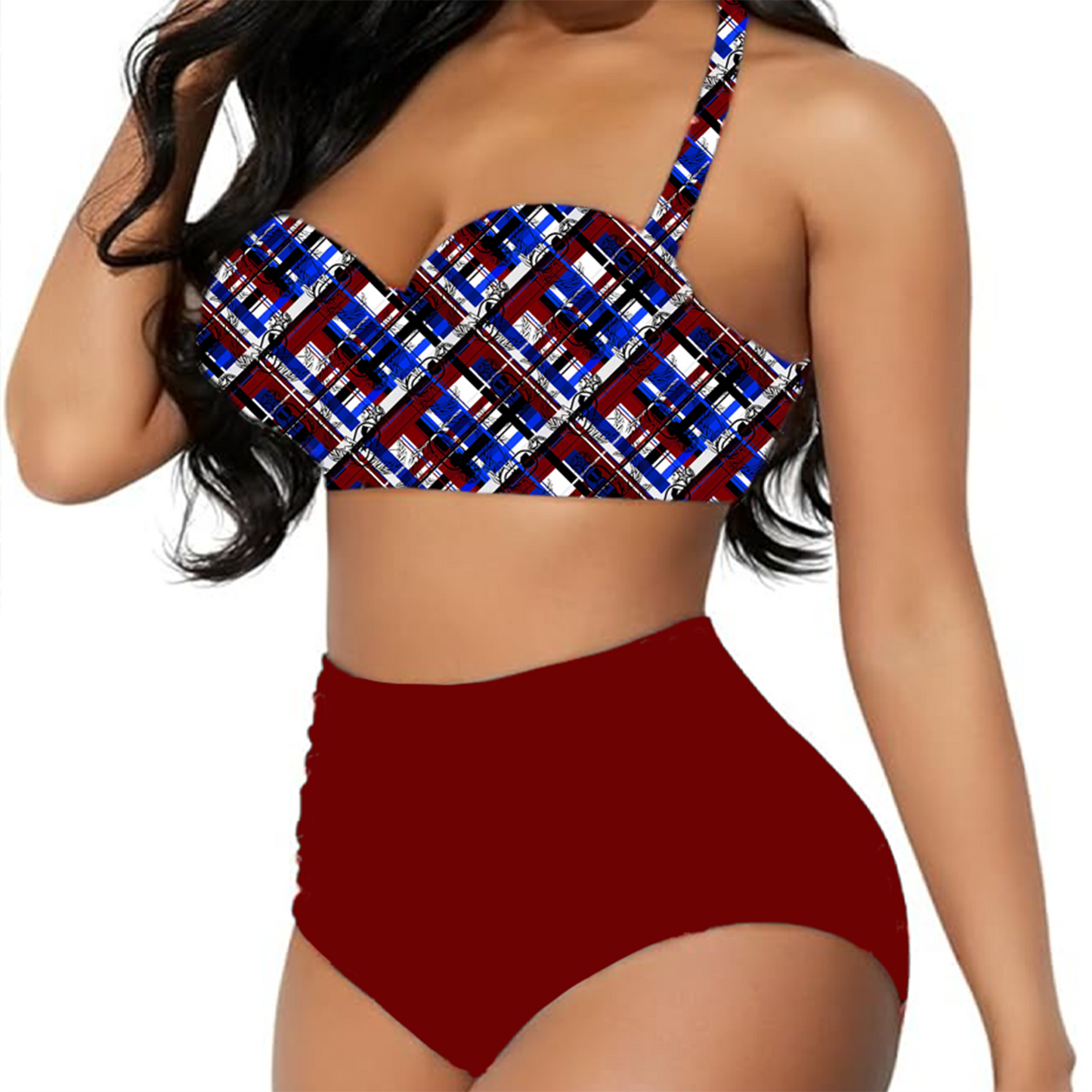 Women's Retro Halter Two-Piece - "EOD Diagonal Plaid" (Red, White, & Blue)