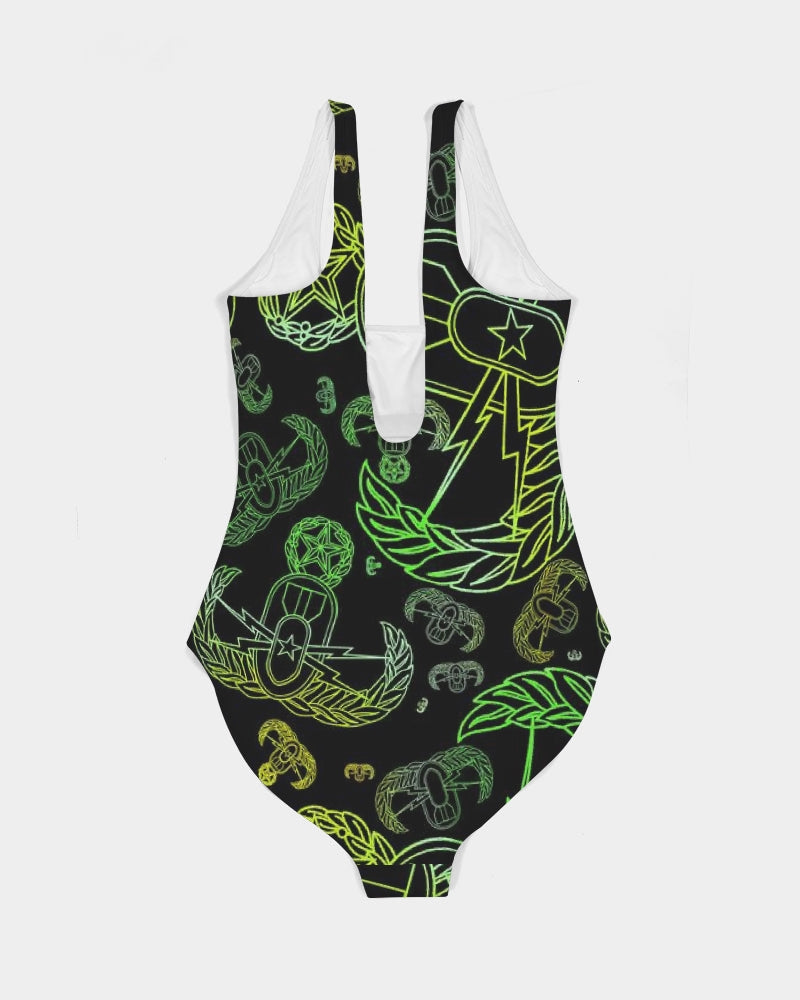 Women's One-Piece Swimsuit - "EOD Mixed Badges" (Lemon Lime on Black)